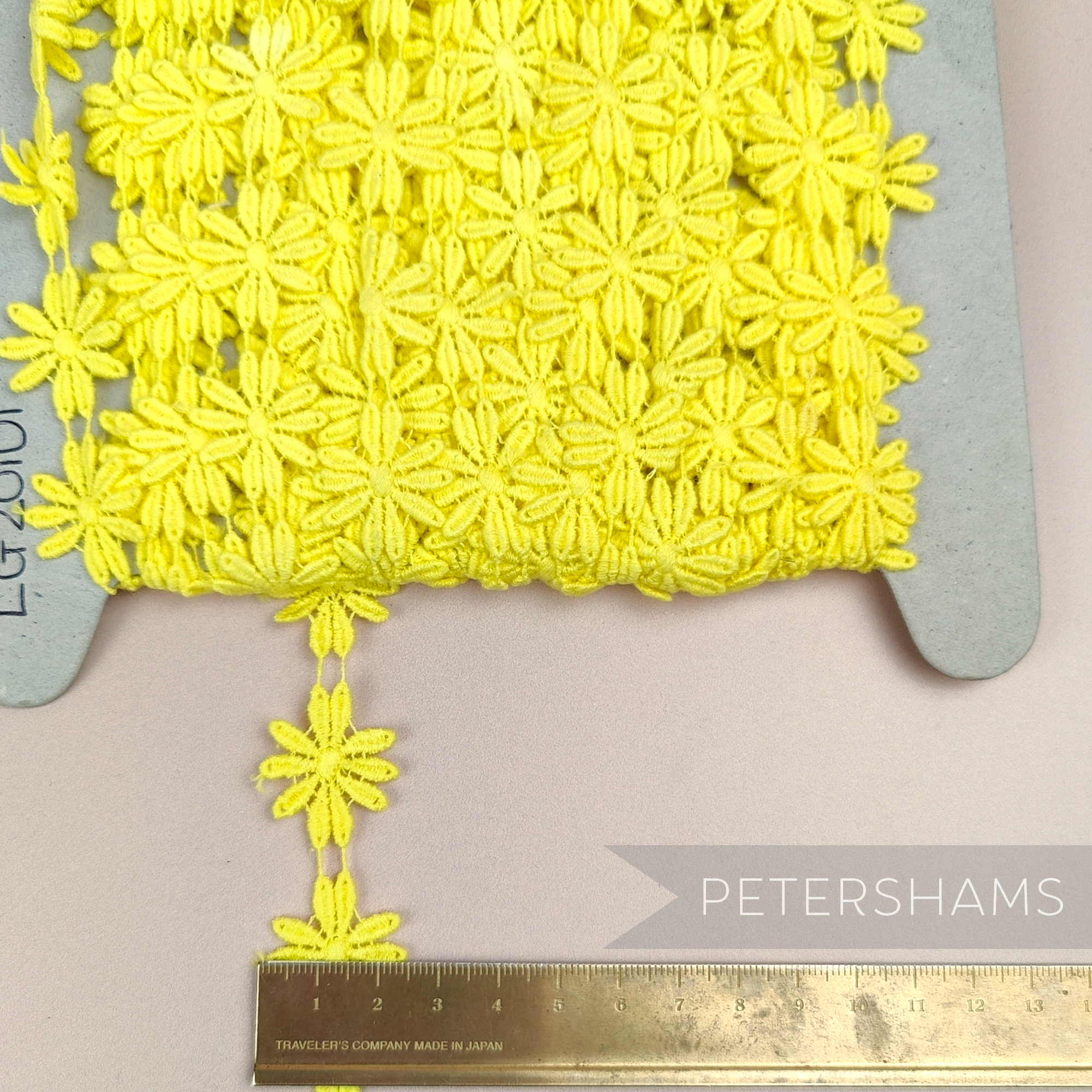Petershams Millinery Supplies vintage yellow 24mm guipure lace daisy flower trim on a spool