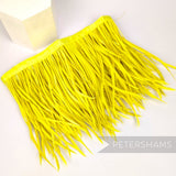 Petershams Millinery Supplies extra long neon yellow goose biot feather fringe on a satin ribbon binding