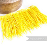 Petershams Millinery Supplies bright yellow goose biot feather fringe attached to a satin ribbon binding