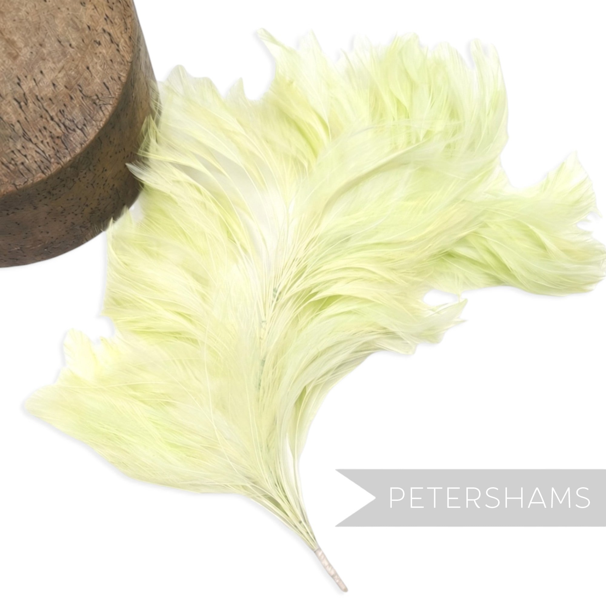 Petershams Millinery Supplies pale yellow stripped hackle feather mount on a wired stem for hat making