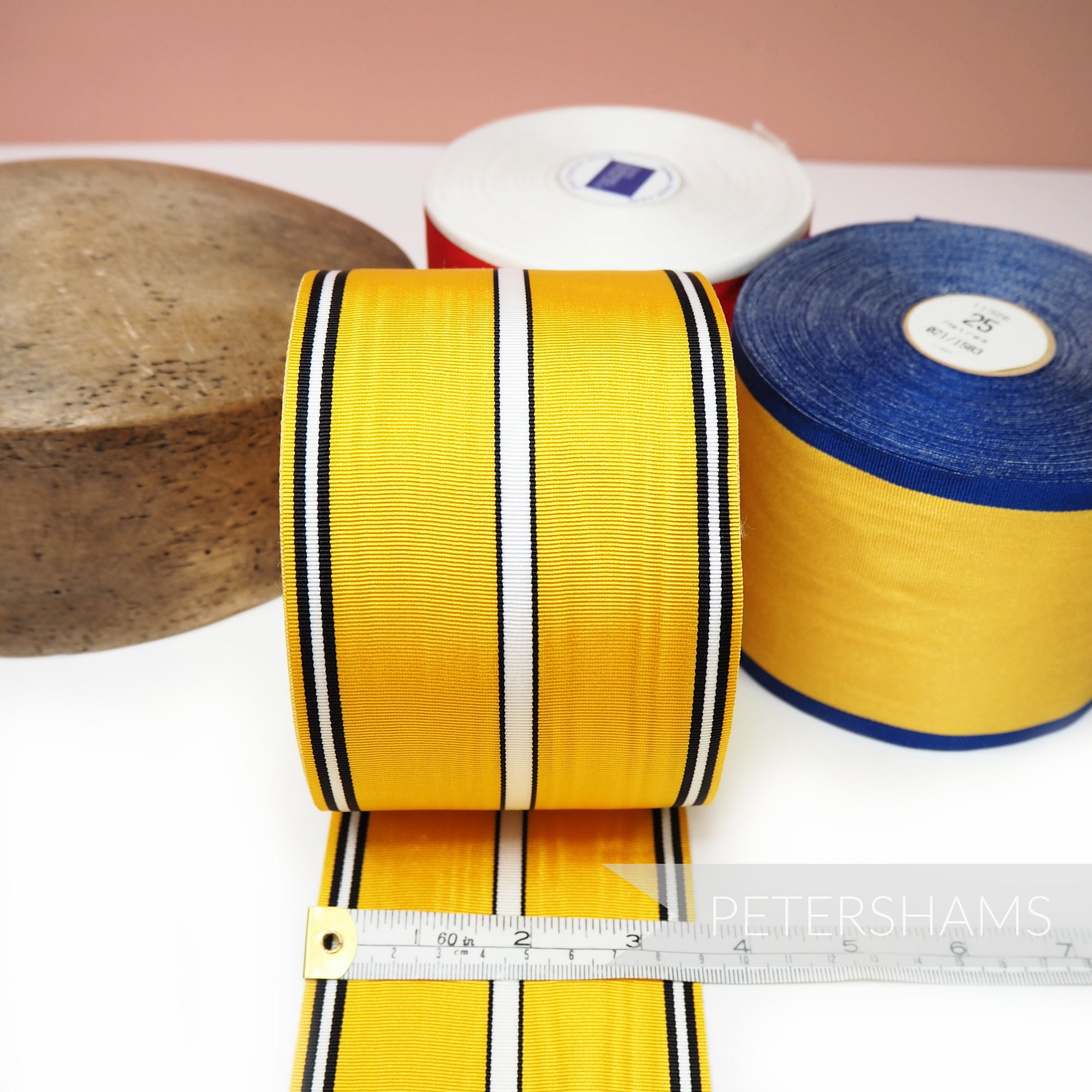 Petershams Millinery Supplies vintage 90mm wide yellow moire striped grosgrain ribbon with black and white accents