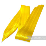 Petershams Millinery Supplies bright yellow pleated satin puggaree hat band with a metal pin tab.