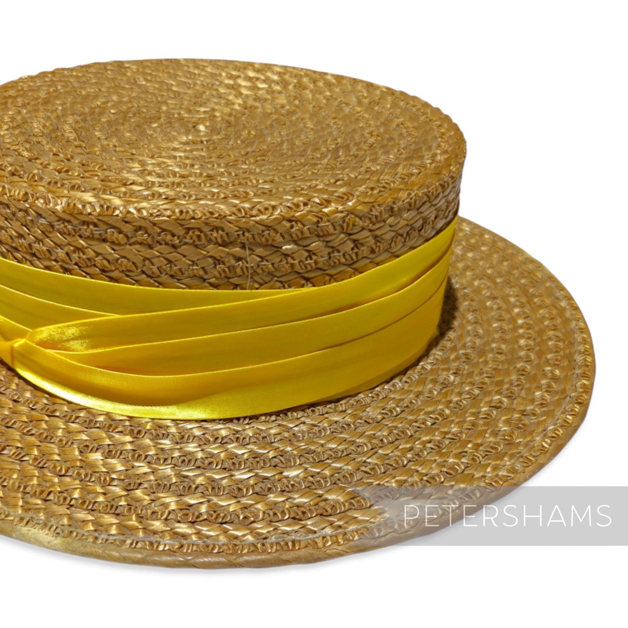 Petershams Millinery Supplies yellow pleated satin puggaree hat band wrapped around a natural straw boater hat
