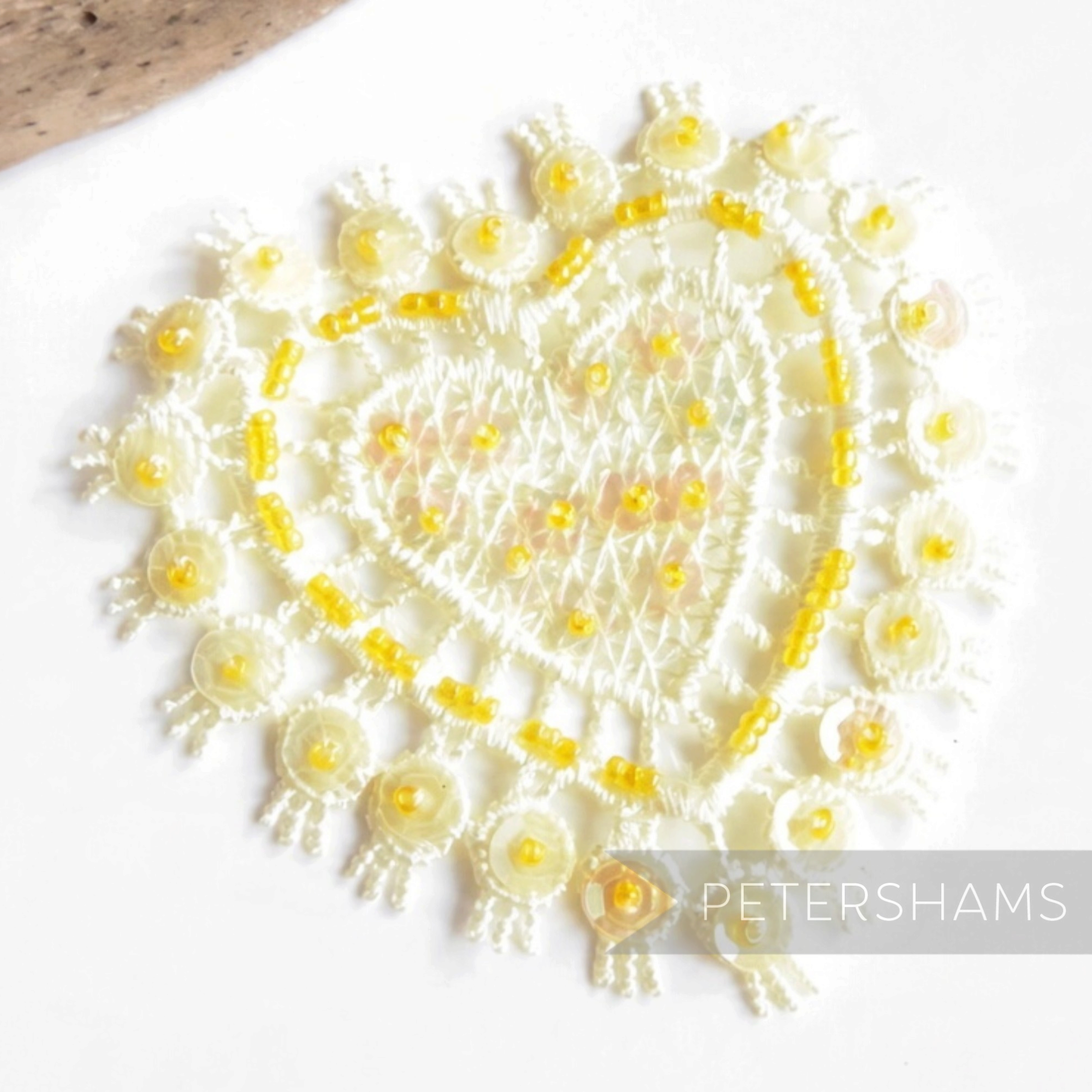 Petershams Millinery Supplies yellow sequin and beaded lace heart motif for hat decoration