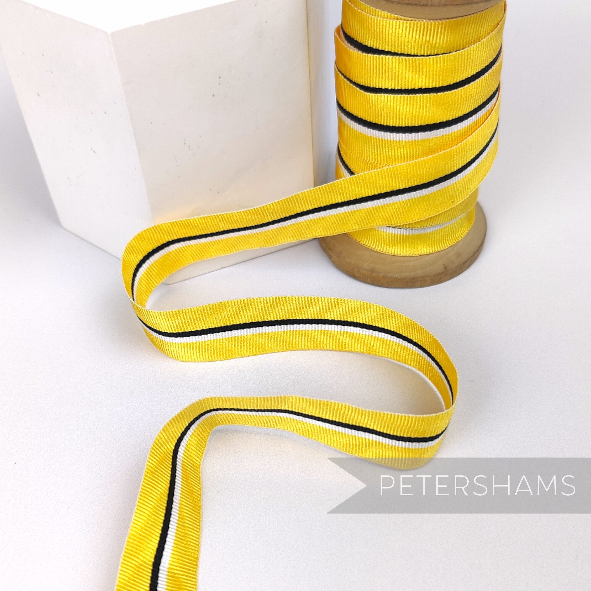 Petershams Millinery Supplies vintage yellow striped moire grosgrain ribbon on a wooden spool for hat trimming