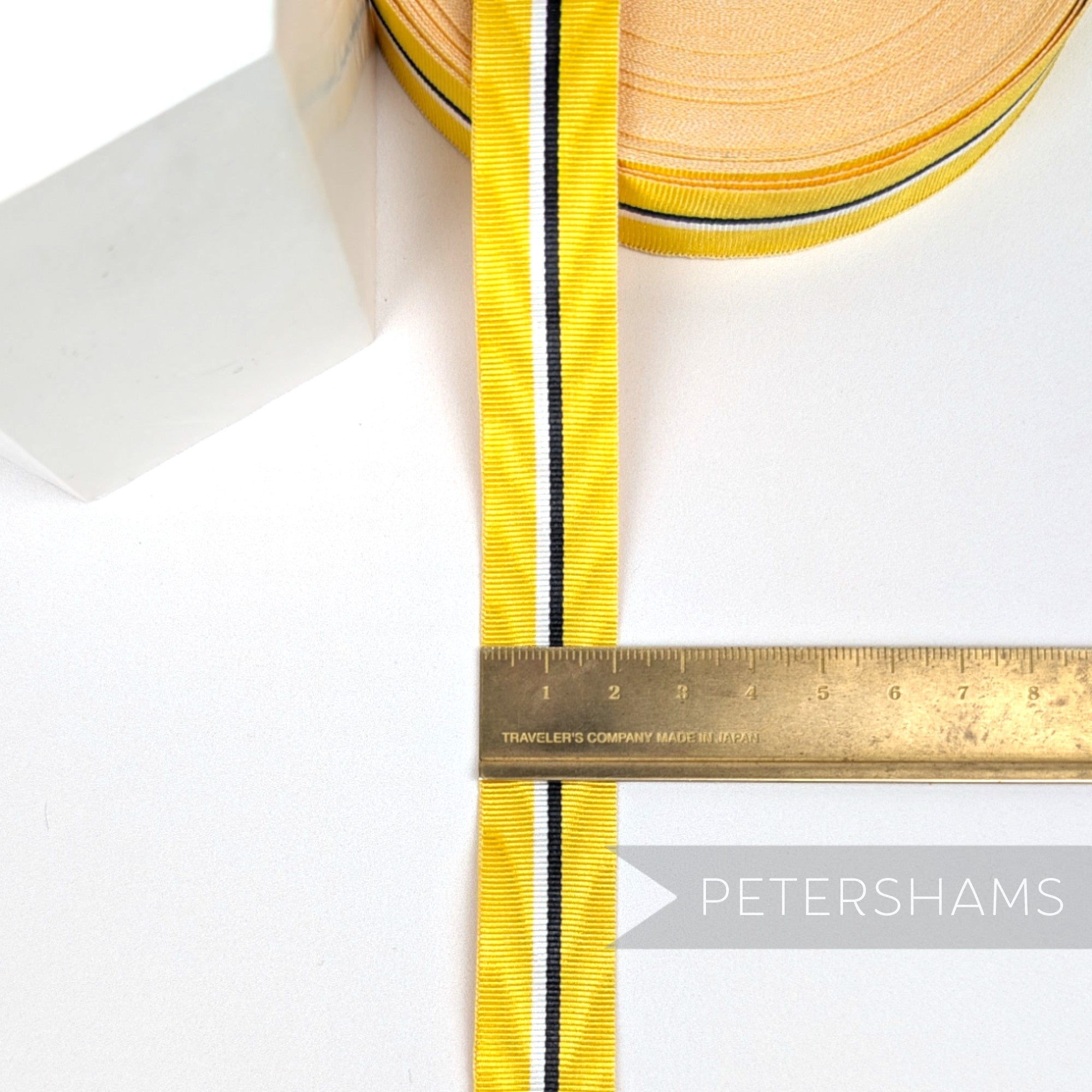 Petershams Millinery Supplies vintage 20mm yellow striped moire grosgrain ribbon with black and white accents