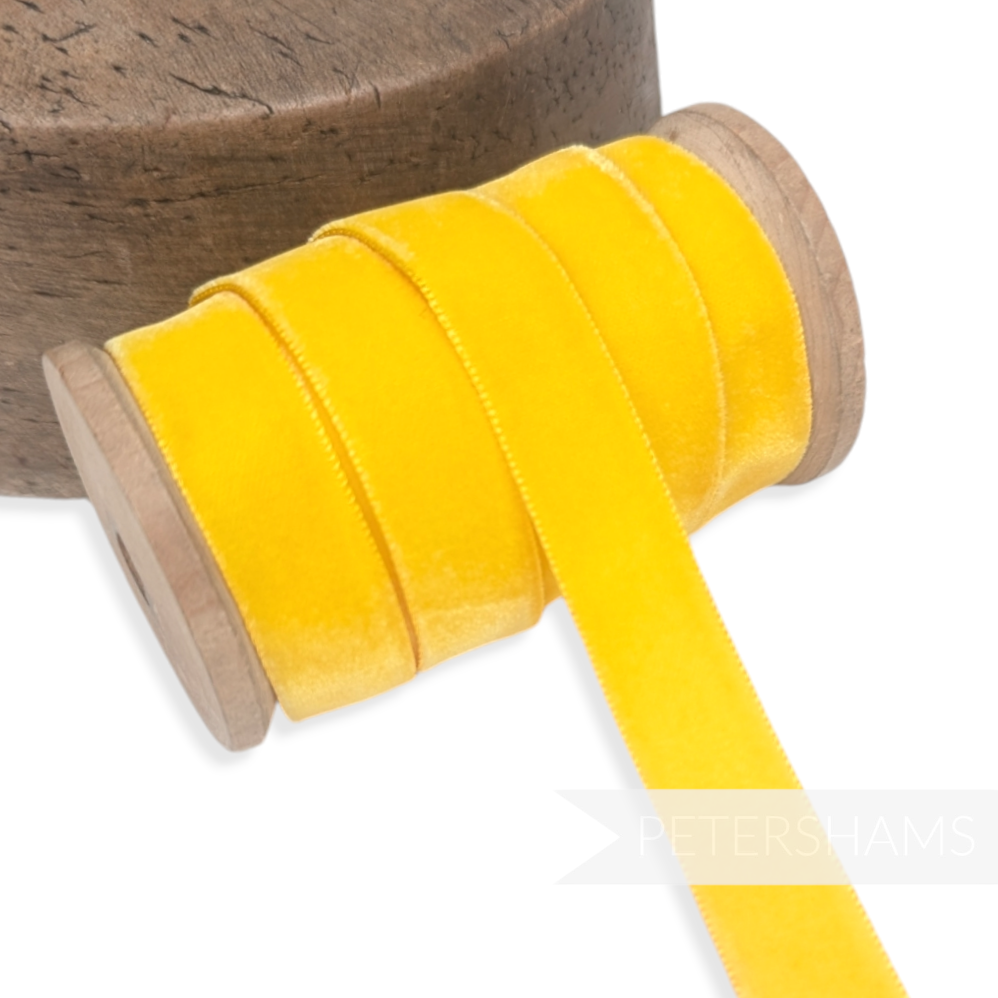 Petershams Millinery Supplies 16mm vintage yellow velvet ribbon on a wooden spool for millinery and craft projects