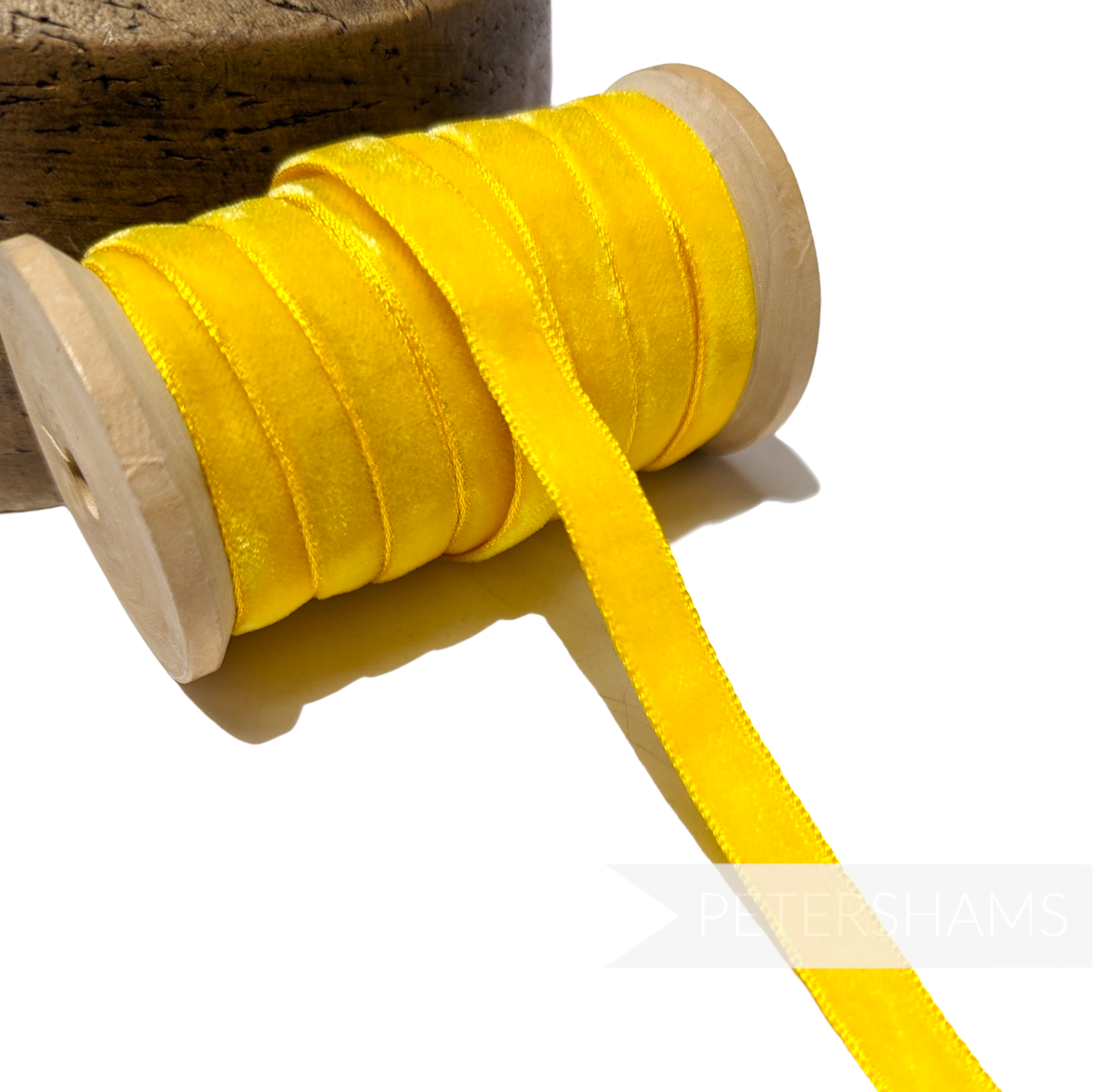 Petershams Millinery Supplies 10mm vintage yellow rayon velvet ribbon on a wooden spool