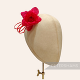 Petershams Millinery Supplies Zahra petite red silk flower hat mount with wired leaves on a millinery head block