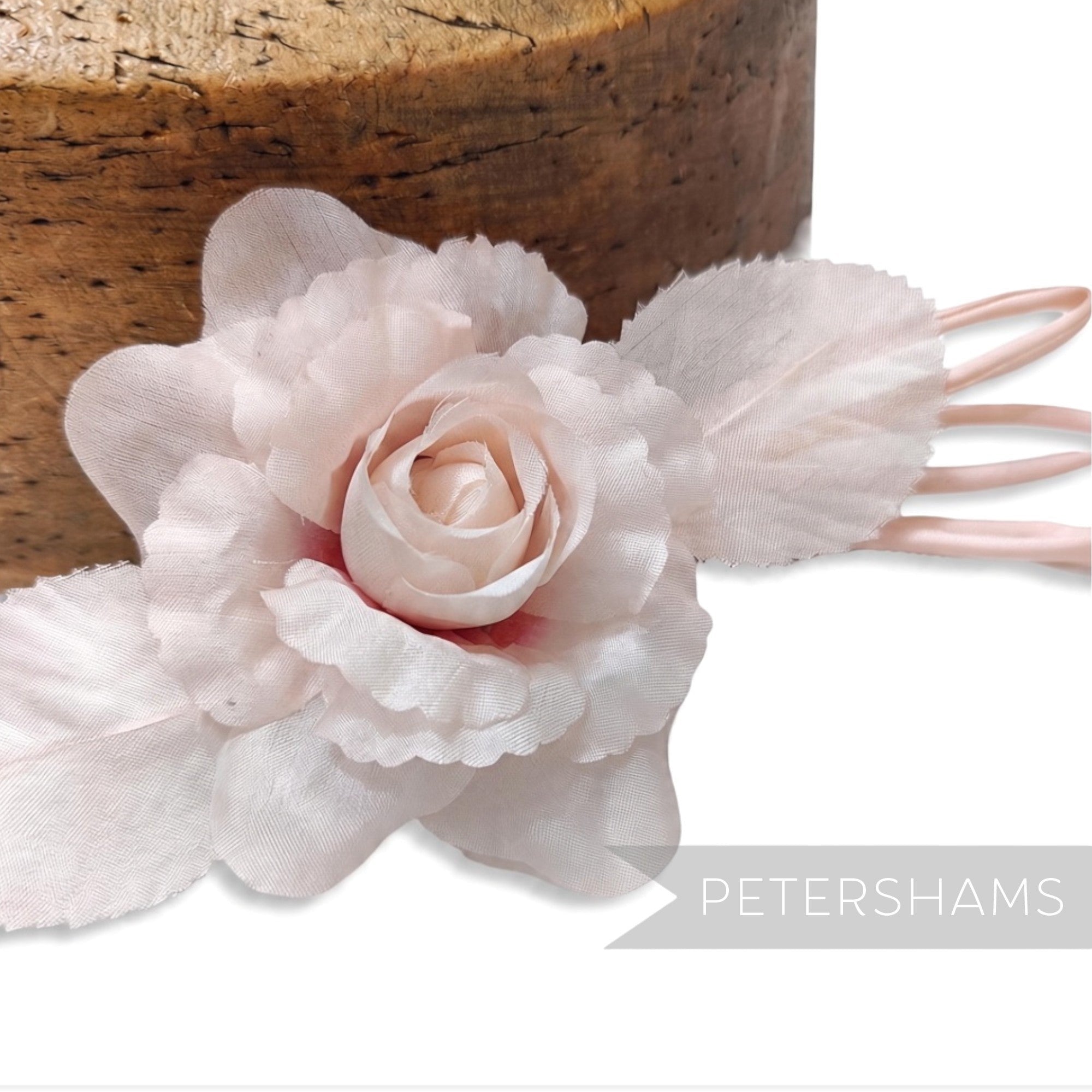 Petershams Millinery Supplies Zahra petite pale pink silk flower hat mount with wired leaves and stem