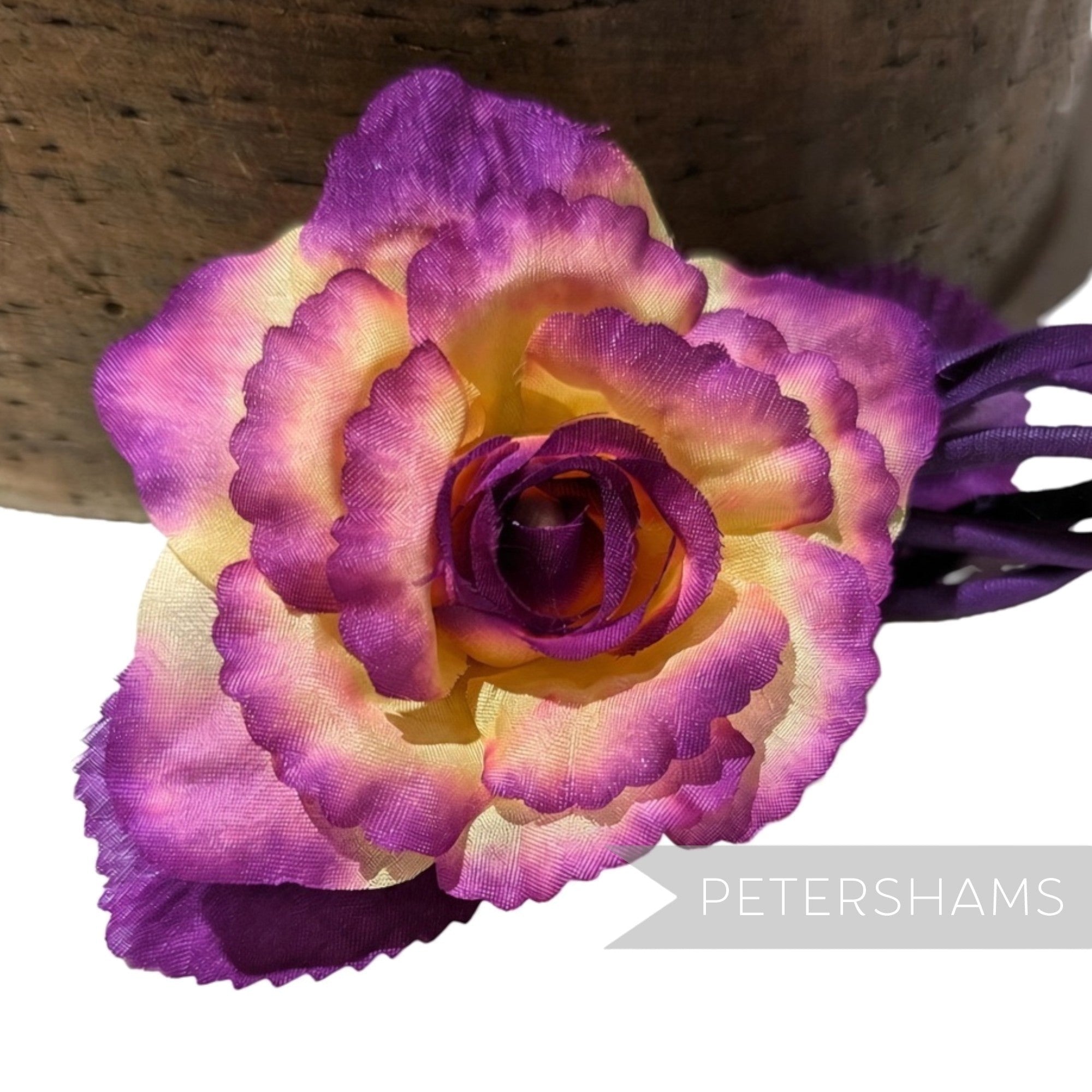 Petershams Millinery Supplies Zahra petite silk flower hat mount in purple and yellow with wired leaves