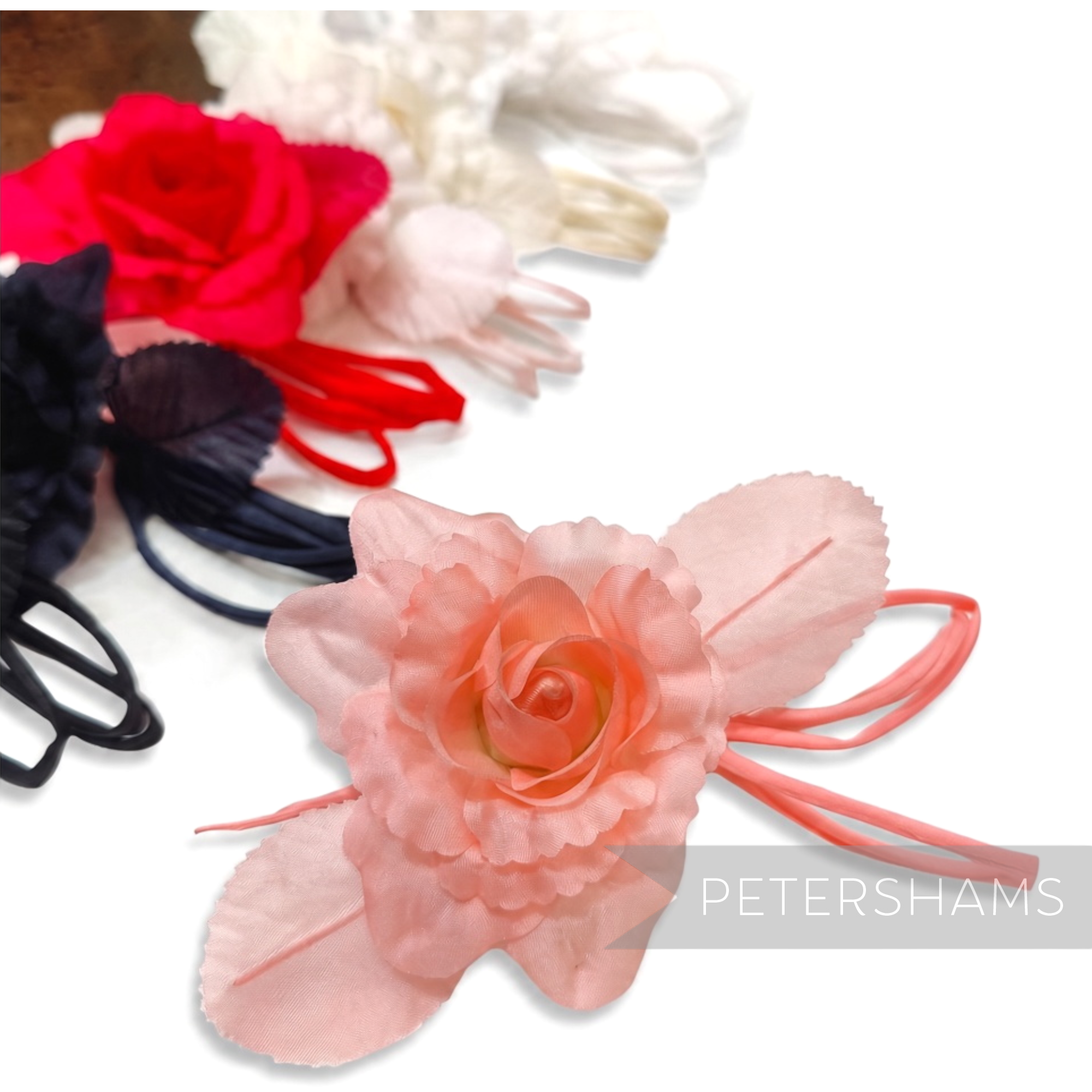 Petershams Millinery Supplies Zahra petite silk flower hat mount in peach with wired leaves and stem