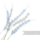 Petershams Millinery Supplies pack of five light blue hand-stripped coque feathers with a decorative zig zag trim.