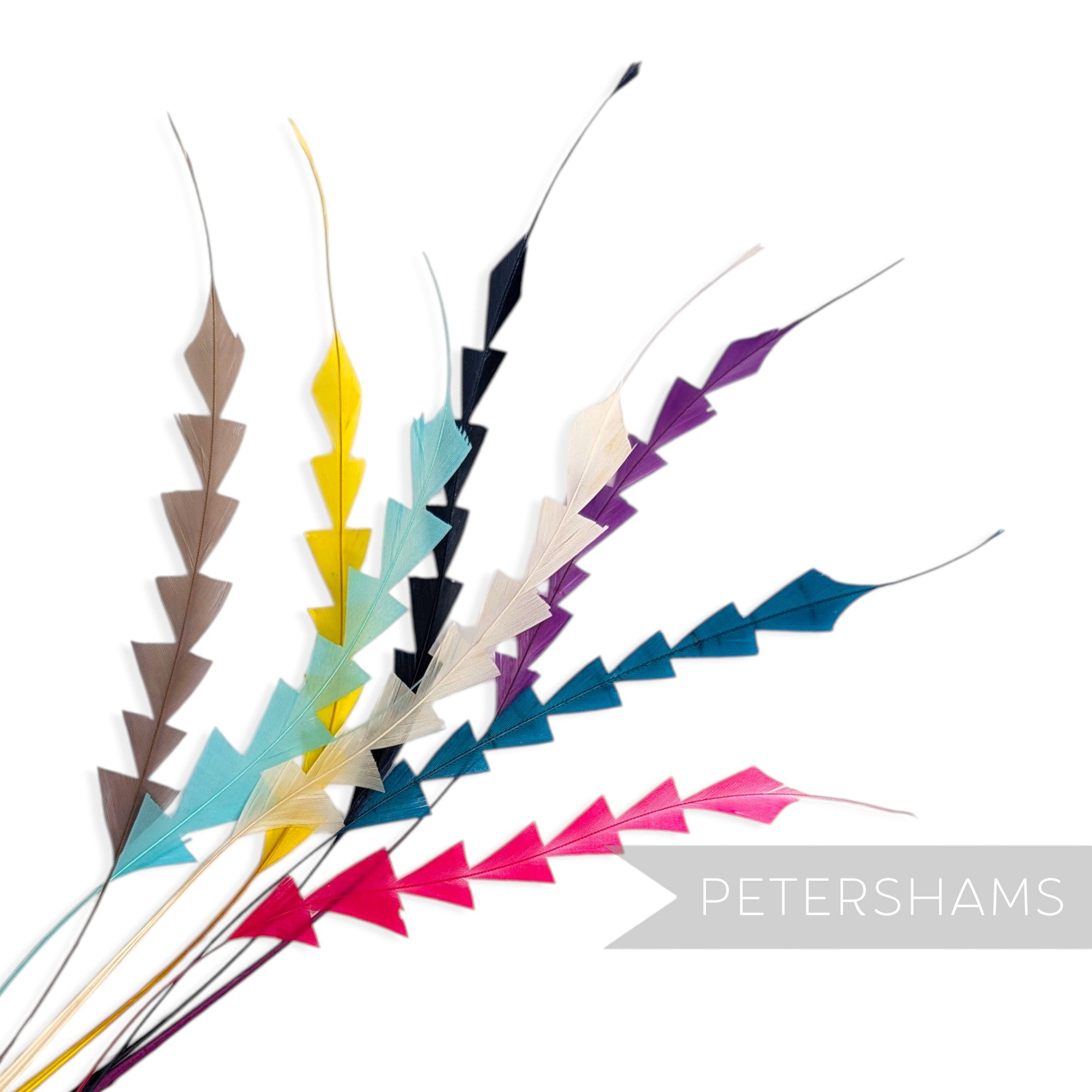 Petershams Millinery Supplies multi-colored zig zag coque feathers for hat making and millinery projects
