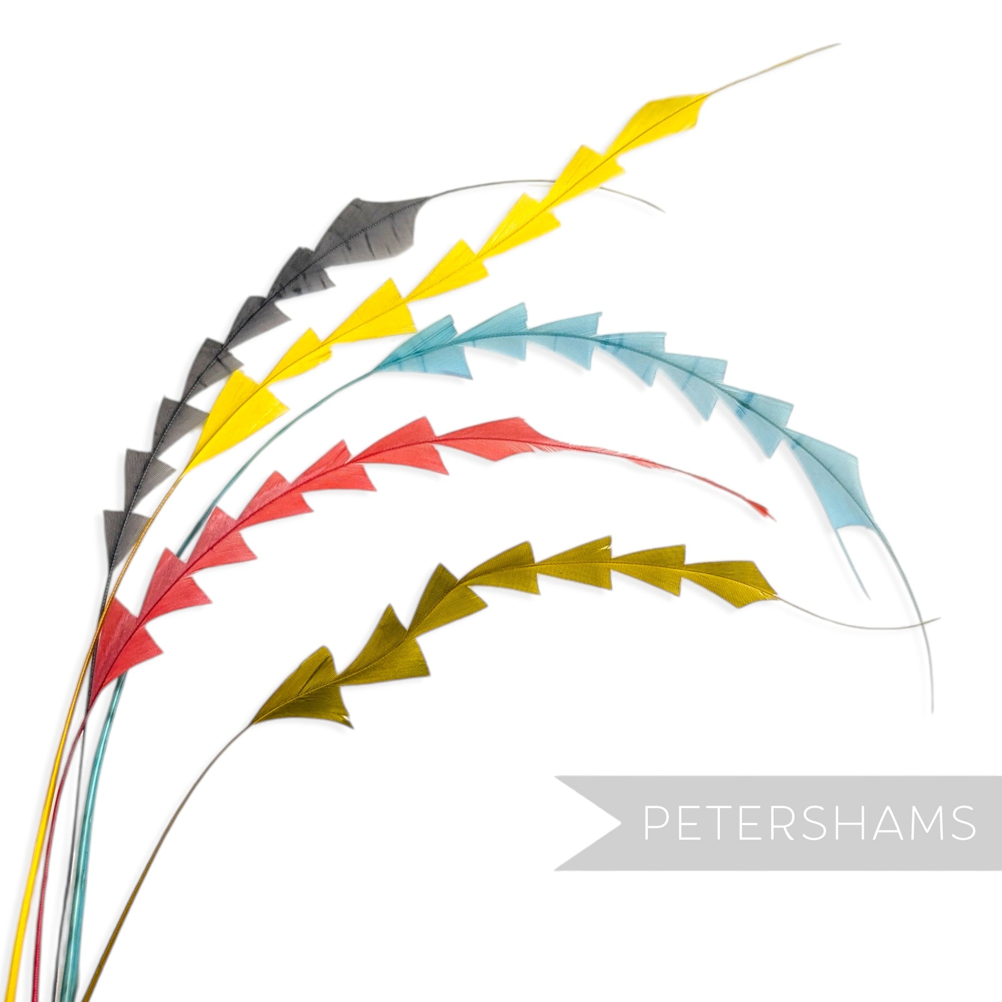 Petershams Millinery Supplies zig zag coque feathers in assorted vibrant colours for hat making and millinery crafts.