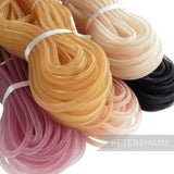 Petershams Millinery Supplies 8mm tube crin in gold, peach, pink, and black. Sheer mesh trim for hat making and embellishments.