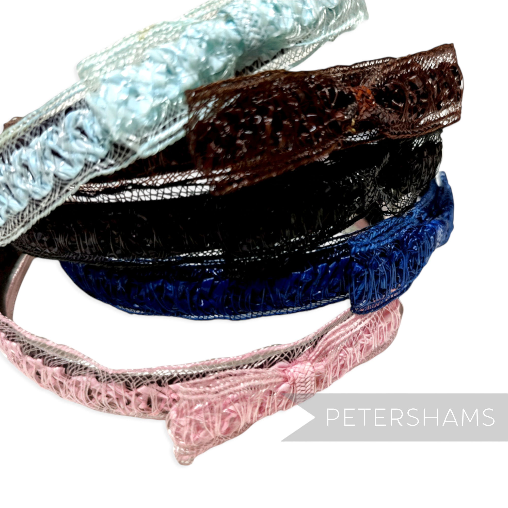 Petershams Millinery Supplies vintage laminated raffia and crin braid headband with bow, available in pink, blue, black, and brown.
