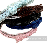 Petershams Millinery Supplies vintage laminated raffia and crin braid headband with bow, available in pink, blue, black, and brown.