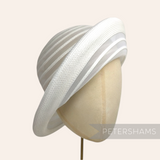 Petershams Millinery Supplies white crinoline and poly-braid hat base with rolled edge brim and sheer striped crown.