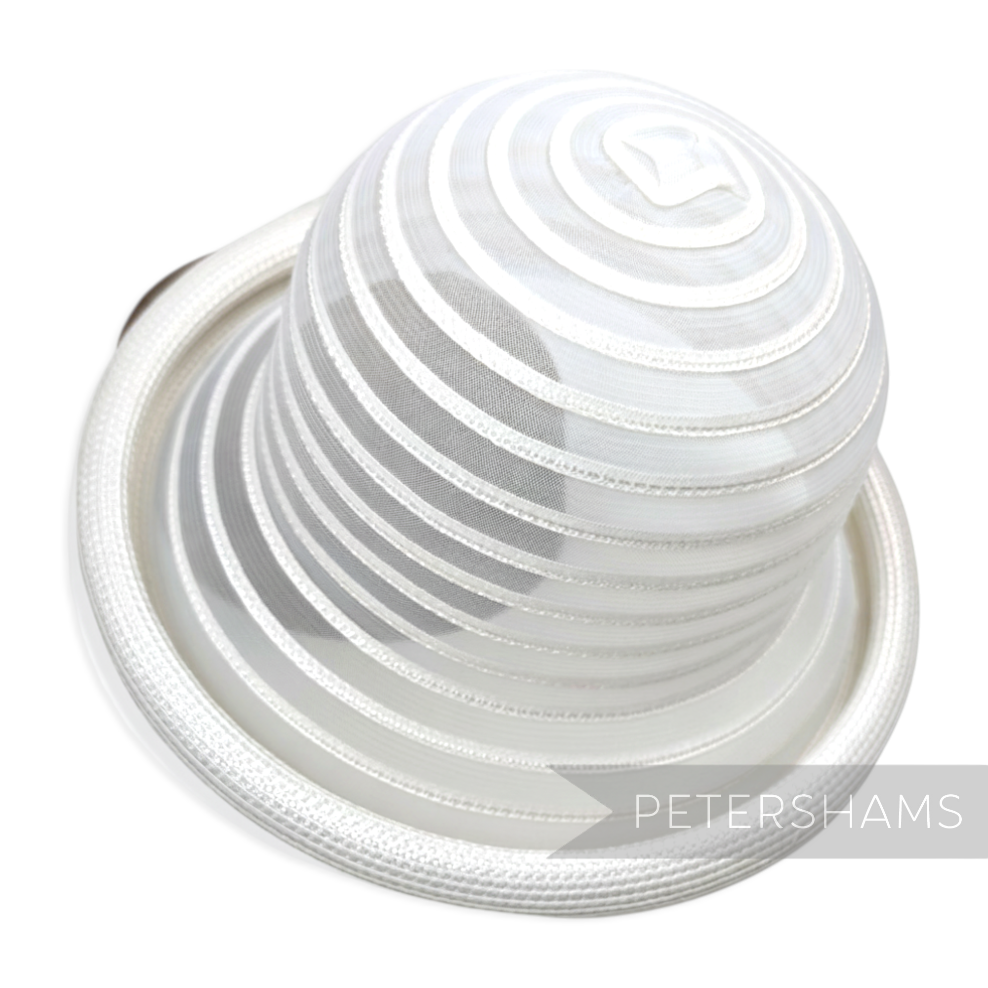 Petershams Millinery Supplies white crinoline and poly-braid hat base with rolled edge brim and rounded crown.