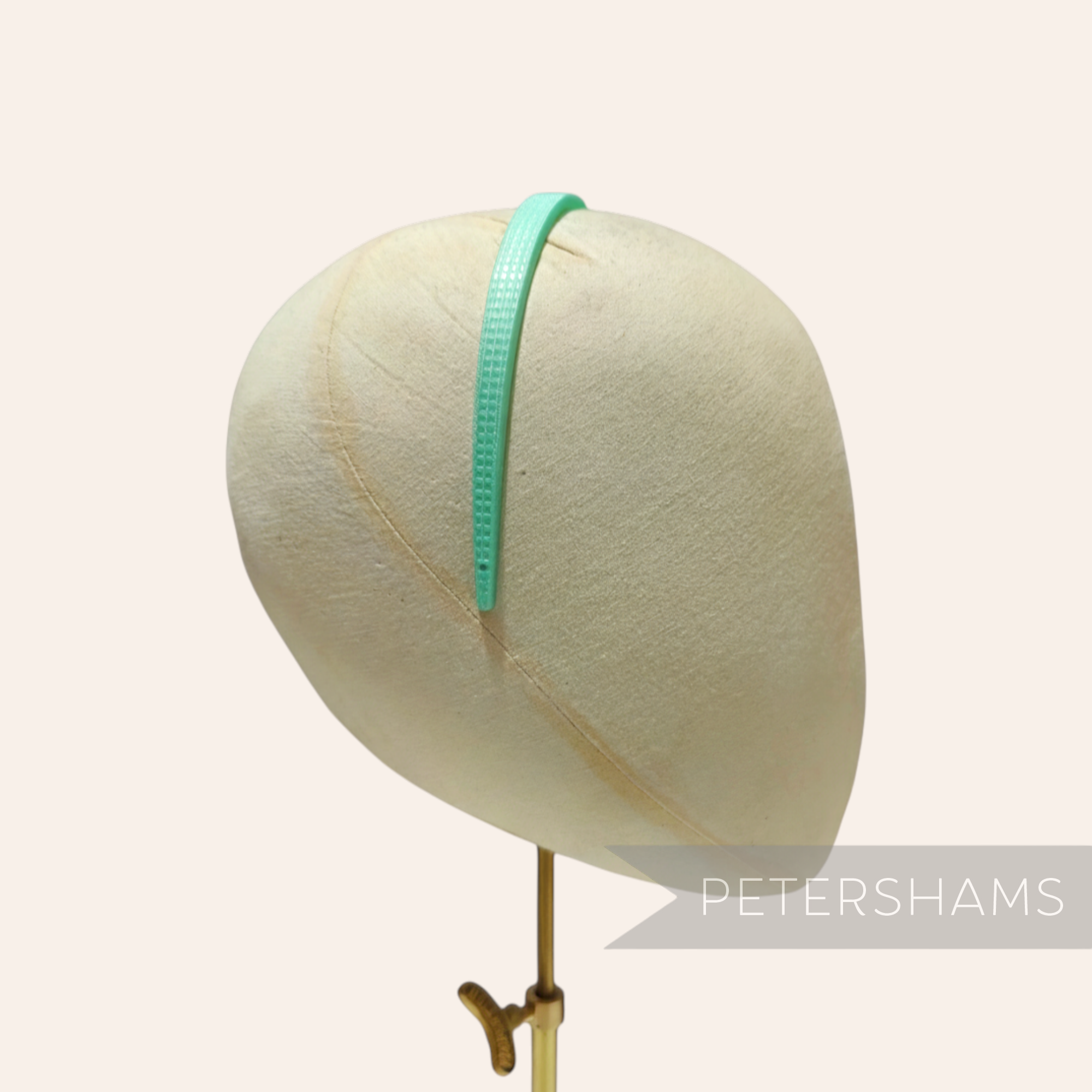 Petershams Millinery Supplies mint green 8mm skinny headband with fine grid pattern, Made in England, 1960s vintage.