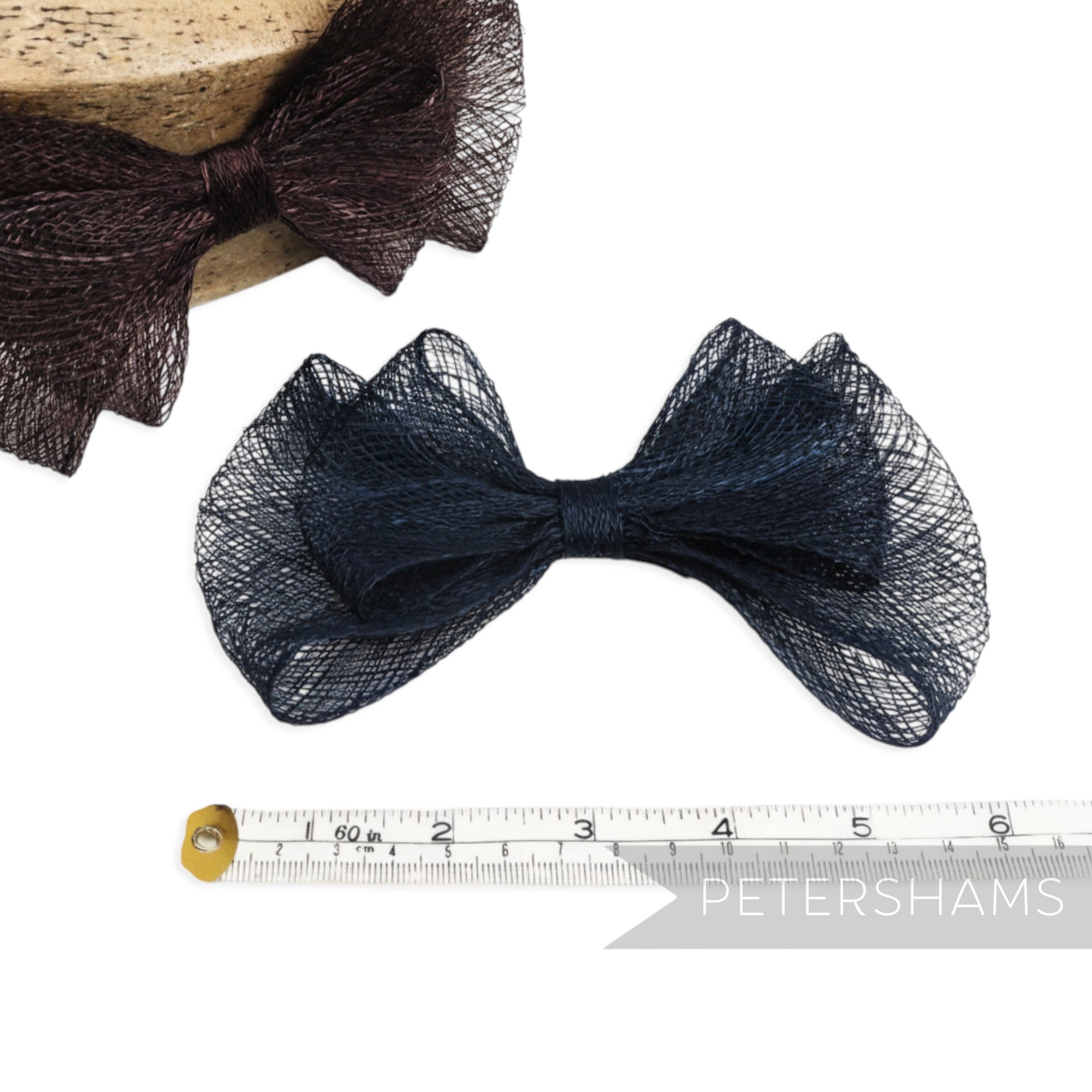 Petershams 'Mia' 15cm double petite bow in navy blue sinamay straw. Ideal for millinery and hat trims.
