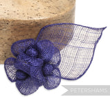 Petershams Millinery Supplies navy blue sinamay triple flower hat mount with leaf backing.