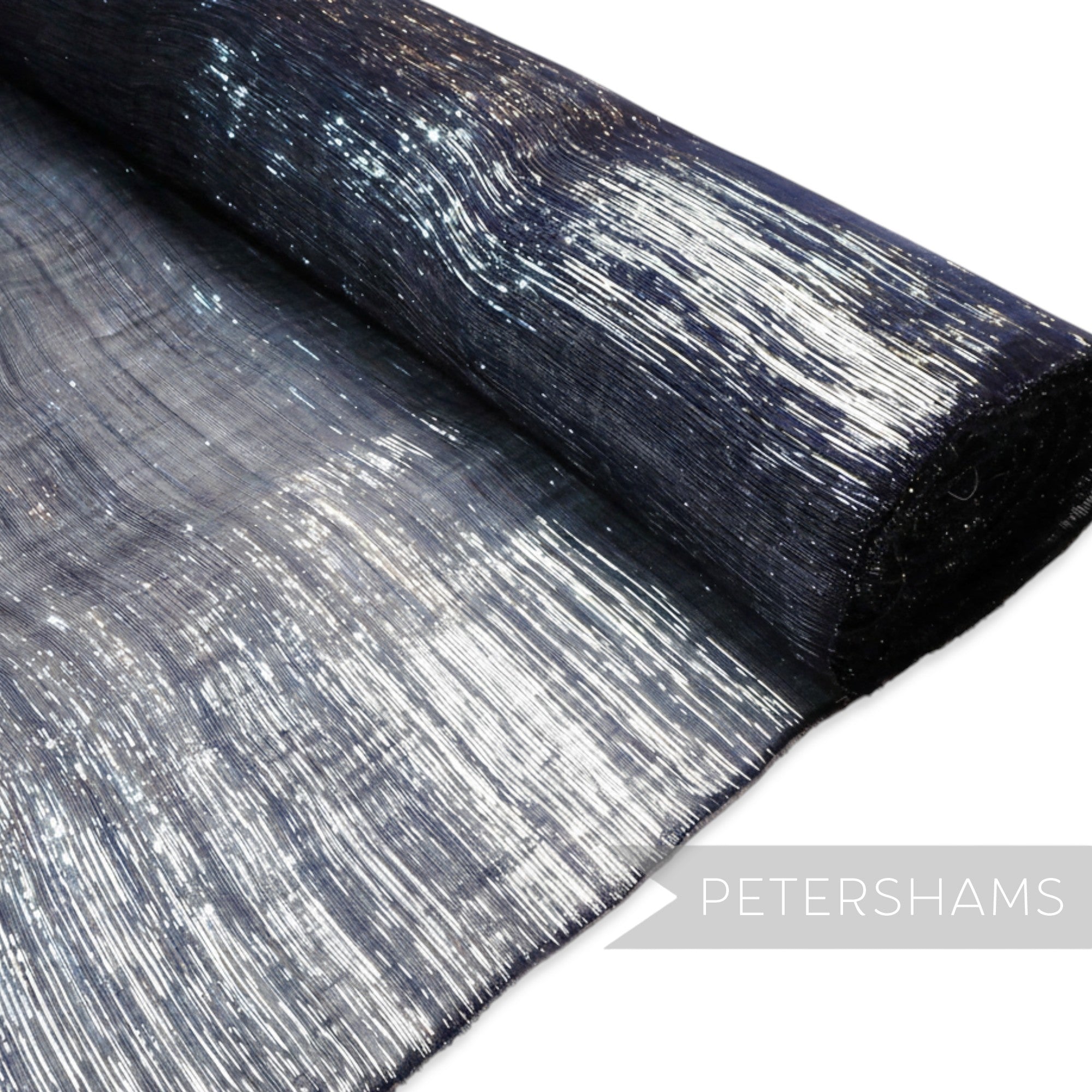 Petershams Millinery Supplies navy blue lurex threaded silk abaca fabric with a shiny, wavy weave.