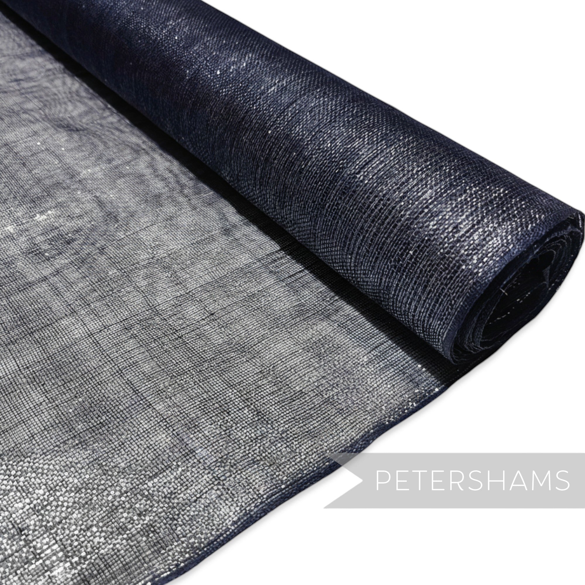 Petershams Millinery Supplies navy blue sinamay fabric threaded with metallic lurex for hat making.
