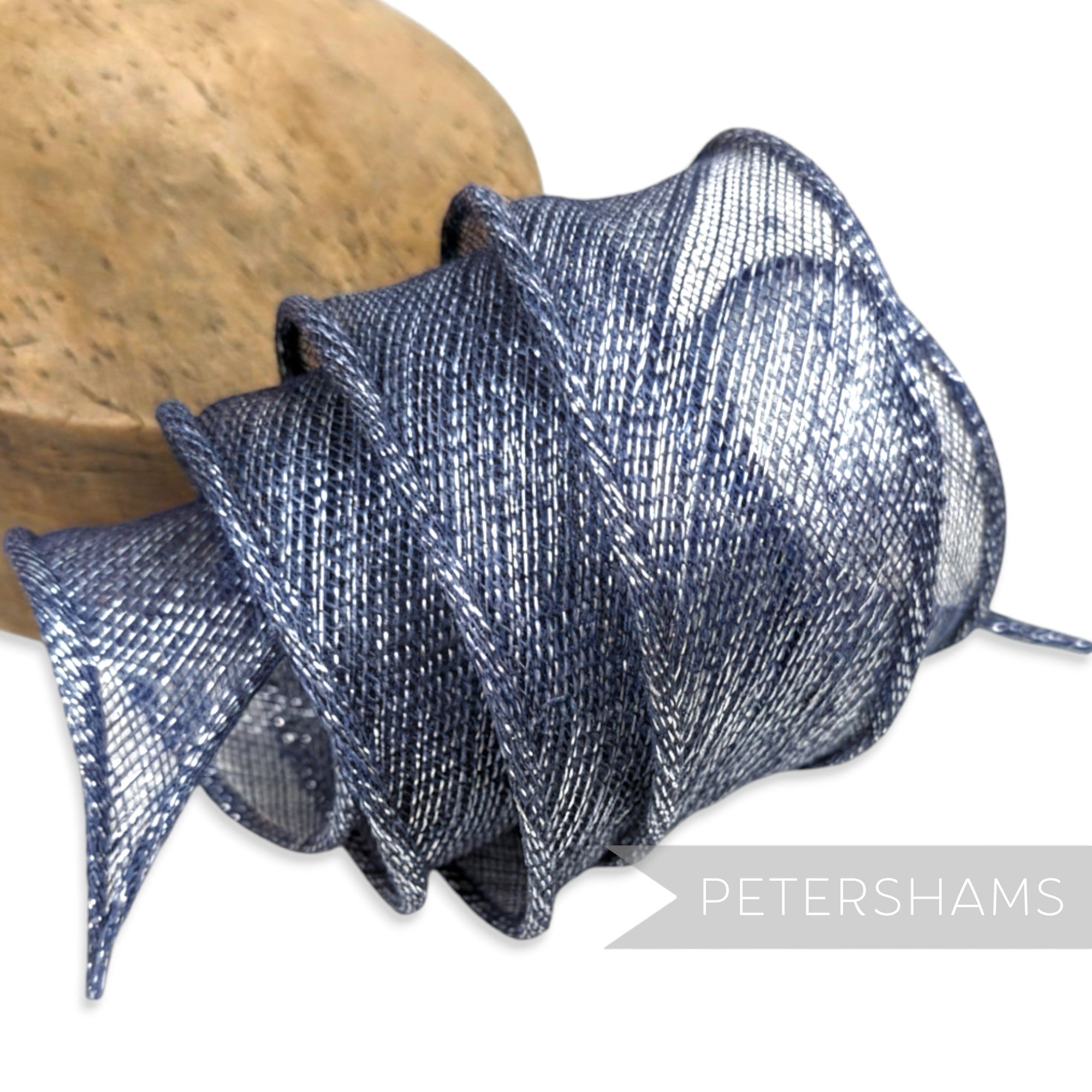 Petershams Millinery Supplies navy blue metallic lurex sinamay ribbon trim with rolled edges, perfect for hat making.