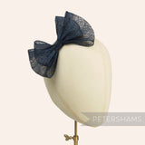 Petershams Millinery Supplies navy blue sinamay double petite bow, 15cm, for hat trim or headpiece.
