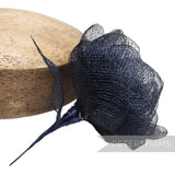 Petershams Millinery Supplies navy blue sinamay cabbage rose flower with leaf on wired stem, 10cm width.