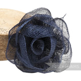 Petershams Millinery Supplies navy blue sinamay cabbage rose flower mount with wired leaf detail.