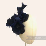 Petershams Millinery Supplies navy blue velvet and organza flower hat mount with intricate petal detail and wired leaves.