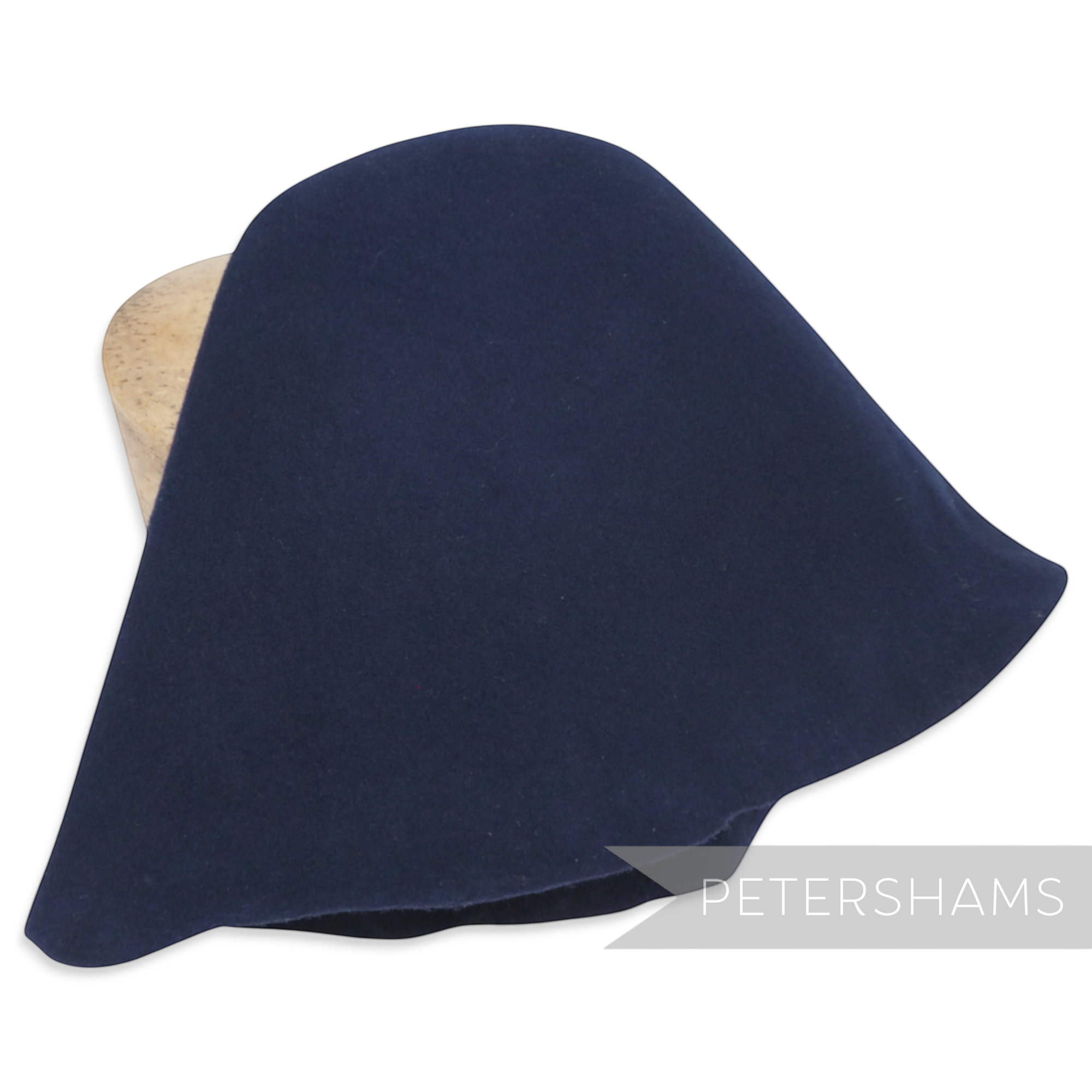 Petershams navy blue 100% wool felt cone hat body, stiffened for millinery.