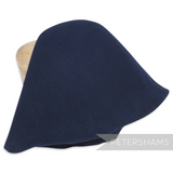 Petershams navy blue 100% wool felt cone hat body, stiffened for millinery.