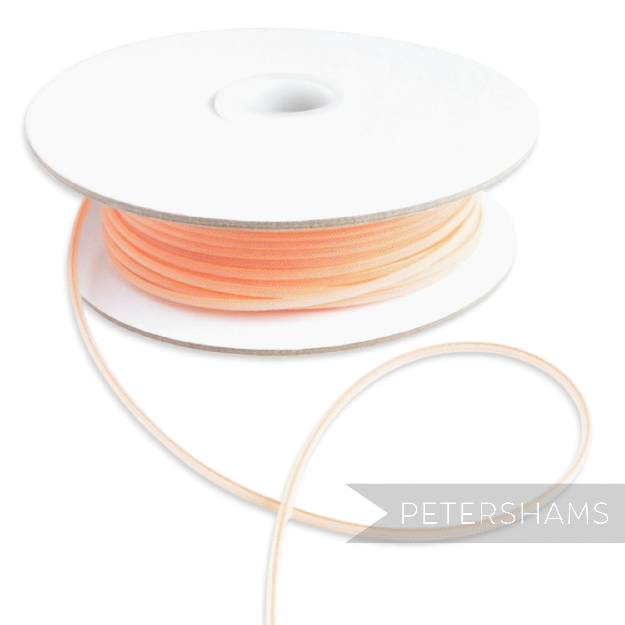 Petershams Millinery Supplies peach tubular crinoline, 2.5mm wide, with a central thread for gathering. Ideal for headbands.