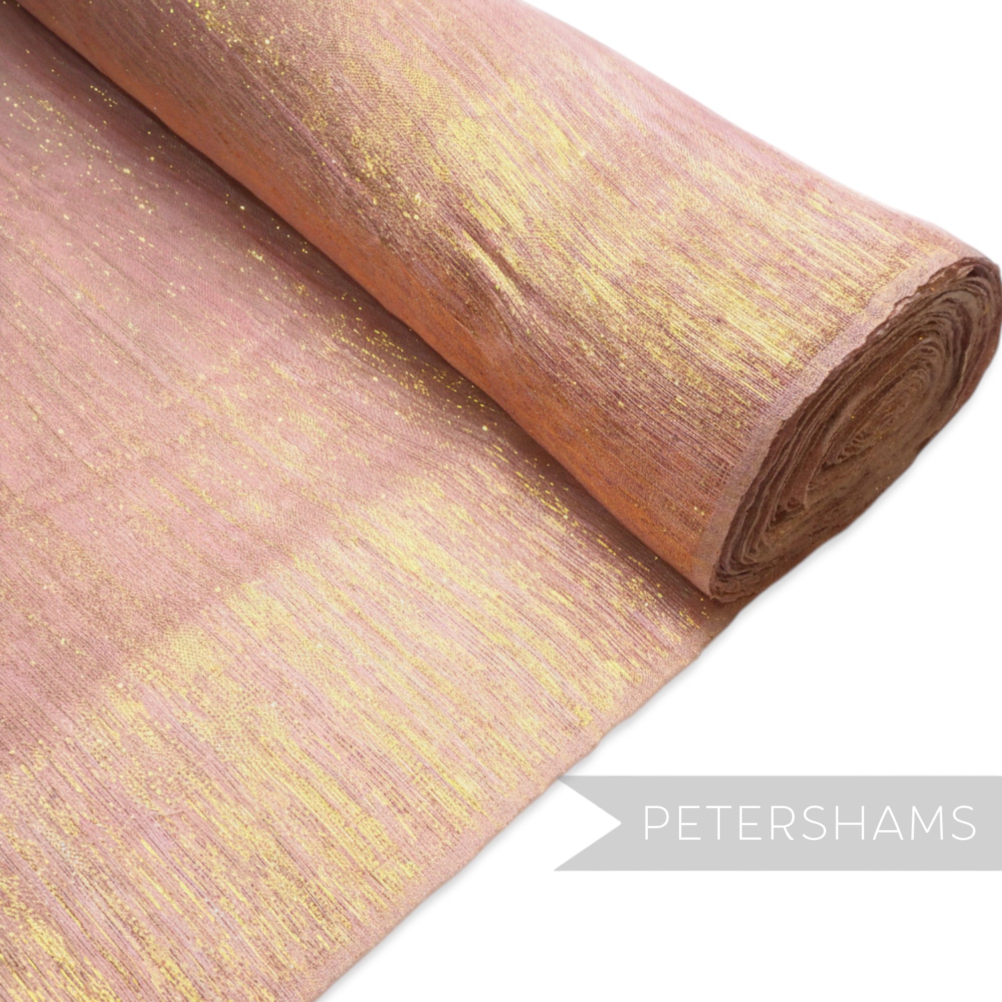 Petershams Millinery Supplies pink polyester abaca fabric with gold lurex threads, ideal for headpieces.