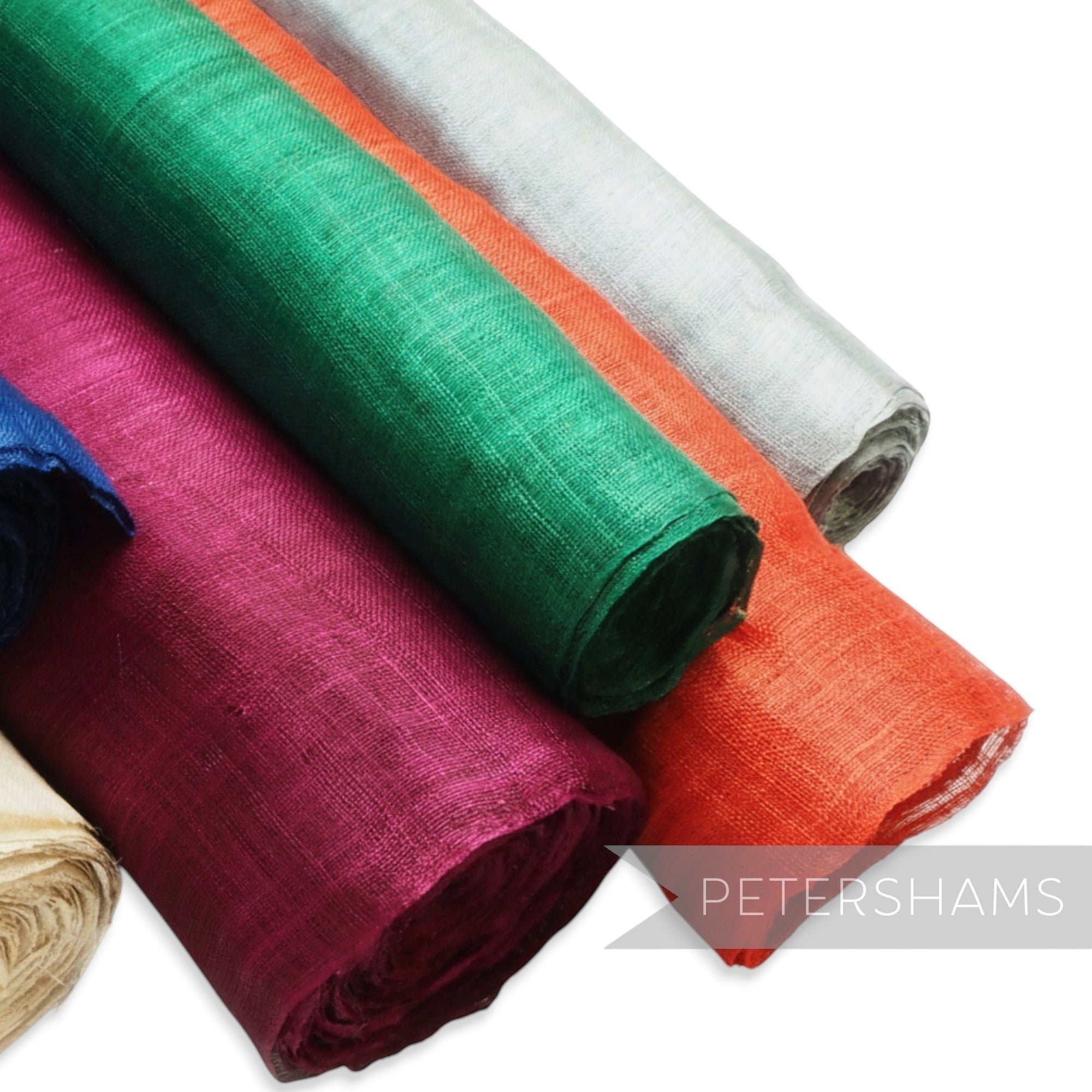 Petershams Millinery Supplies Pinokpok hammered abaca fabric in various colours including cream, blue, magenta, green, orange and grey. Sold by the half metre.