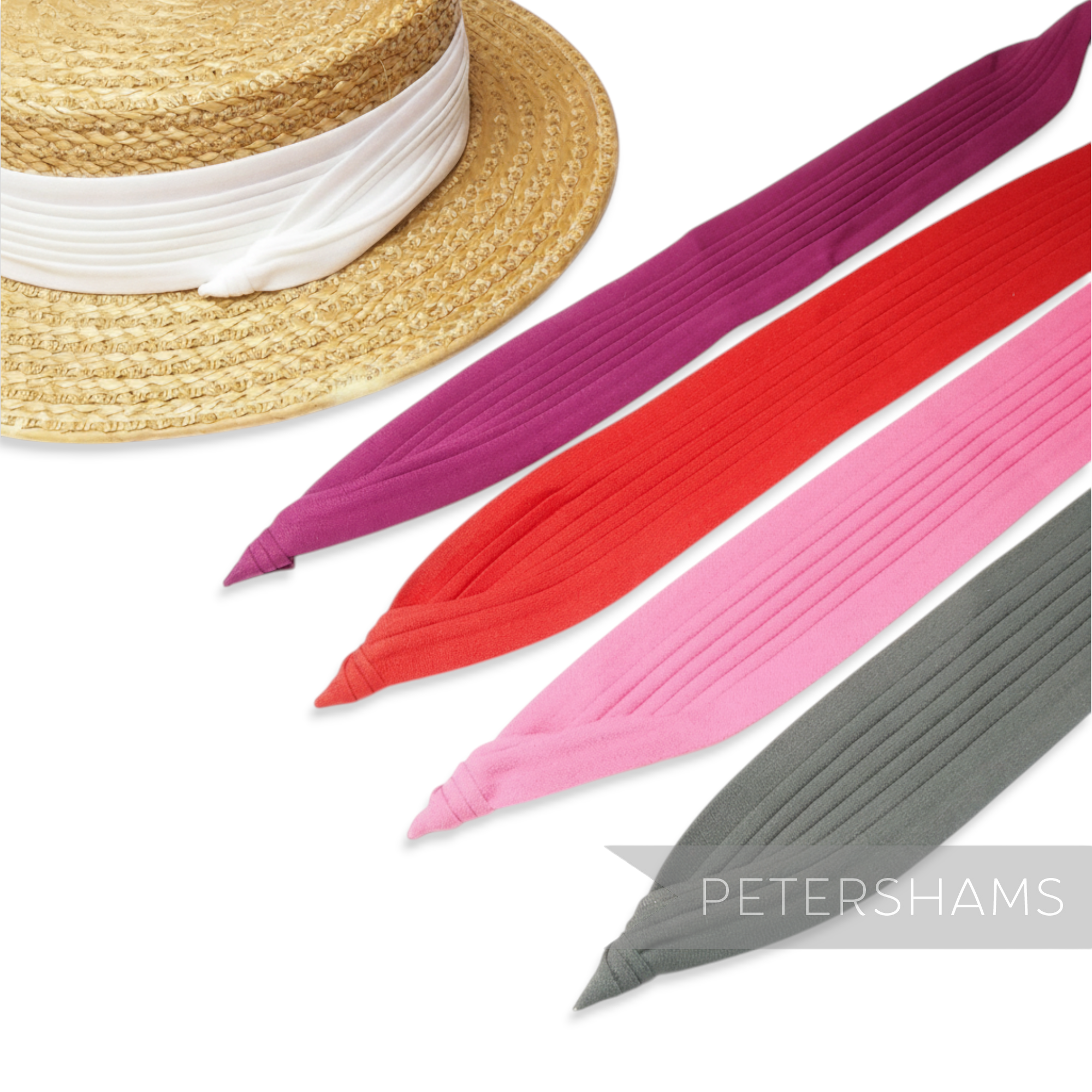 Petershams Millinery Supplies pleated crepe fabric wrap around hat band ribbon in fuchsia, red, pink, and grey.