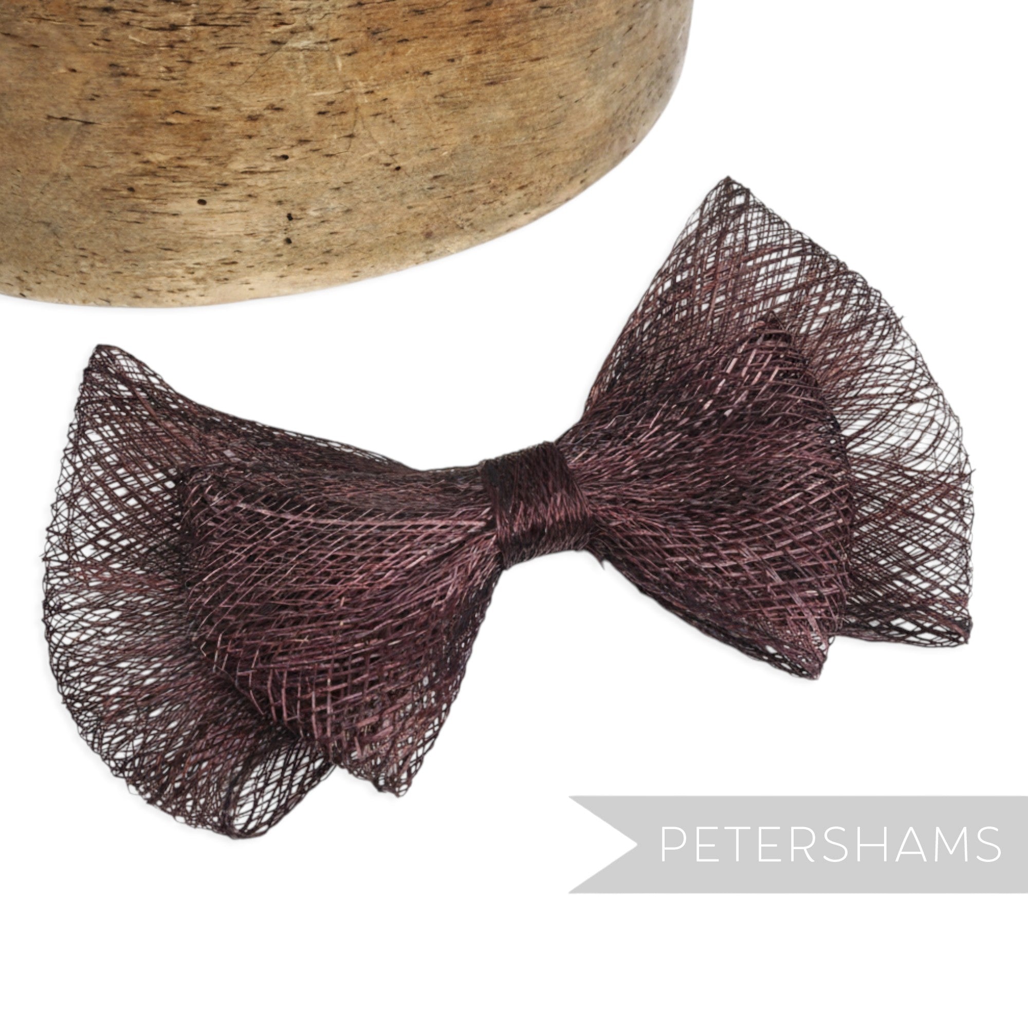 Petershams Millinery Supplies 'Mia' 15cm double petite bow in dark plum sinamay straw. Ideal for hat trims and fascinators.