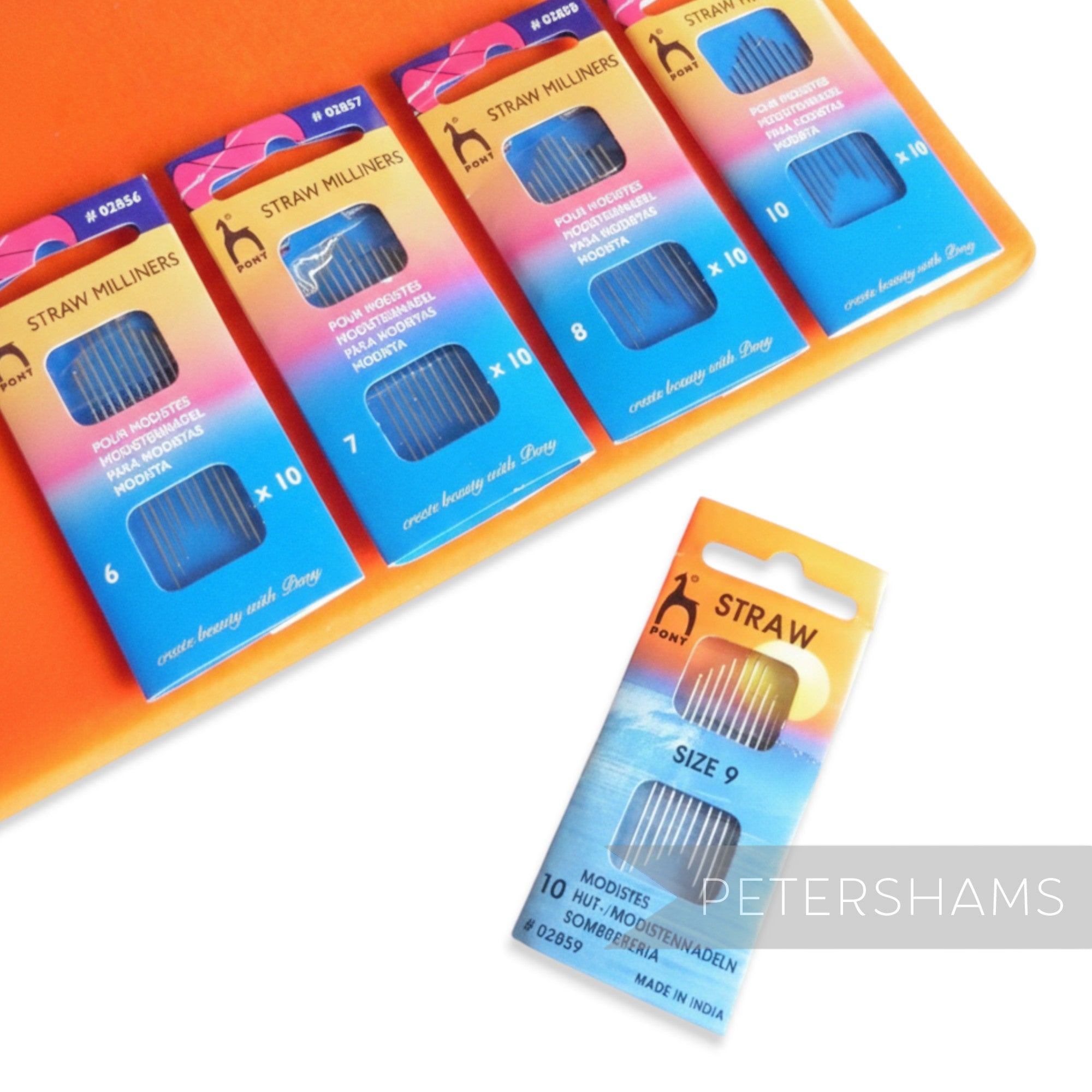 Petershams Millinery Supplies Pony Gold Tip Straw Millinery Needles, available in sizes 6-10, 10 per pack. Long needles with round eyes.