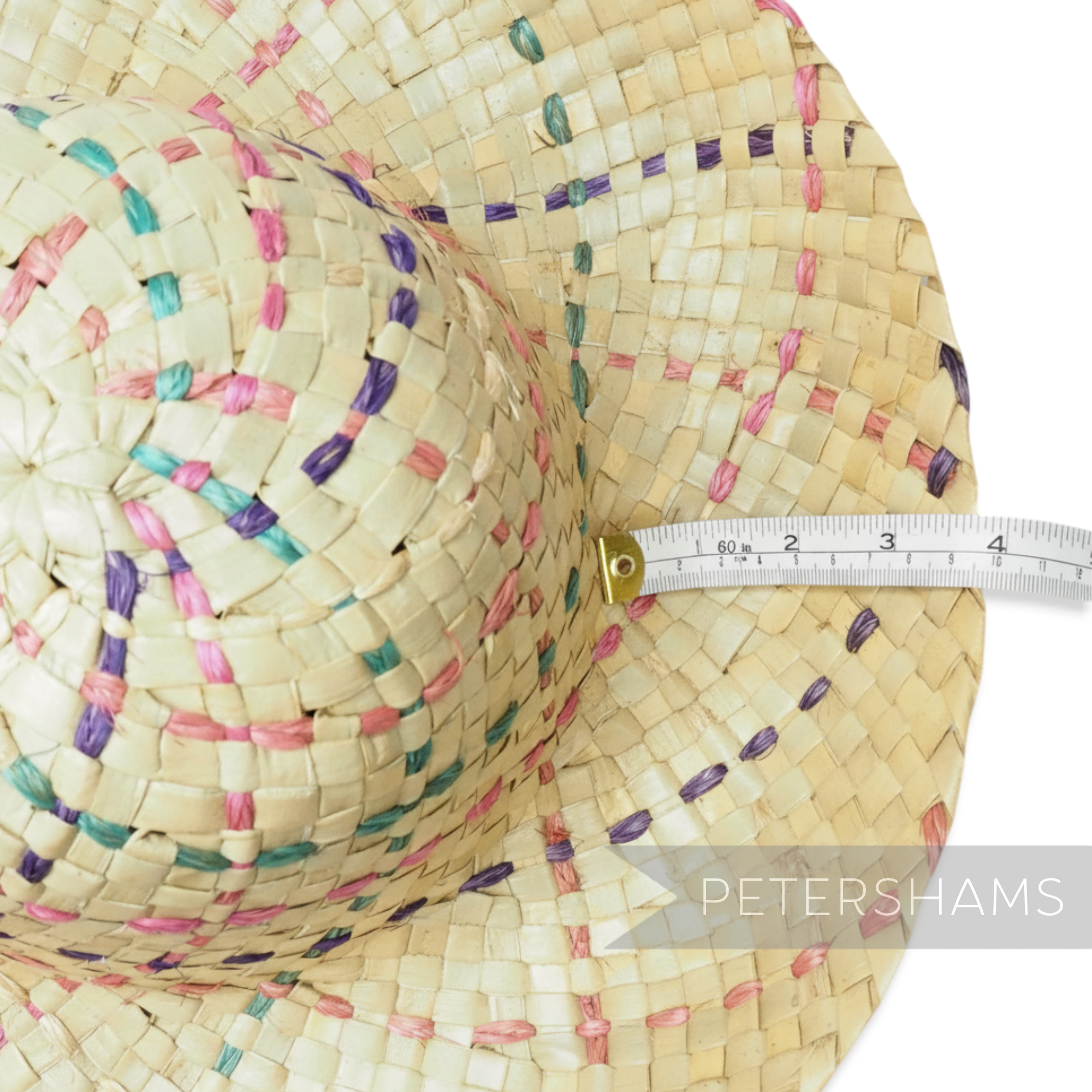 Petershams Millinery Supplies natural straw capeline hat body with woven pink, purple, and jade rope details.
