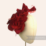 Petershams Millinery Supplies large red velvet and organza flower hat mount with wired leaves, 20cm
