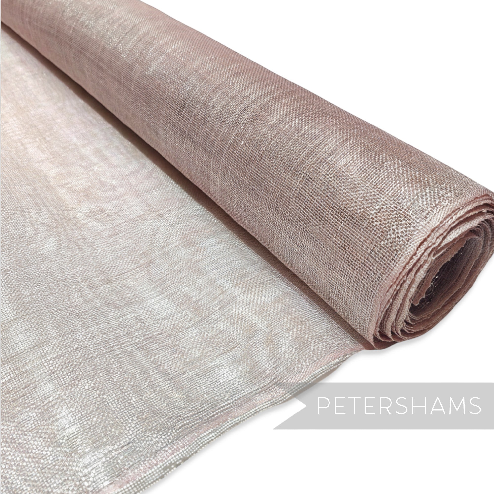 Petershams Millinery Supplies rose gold metallic lurex threaded sinamay fabric for hat making. Lightweight and medium stiffened.