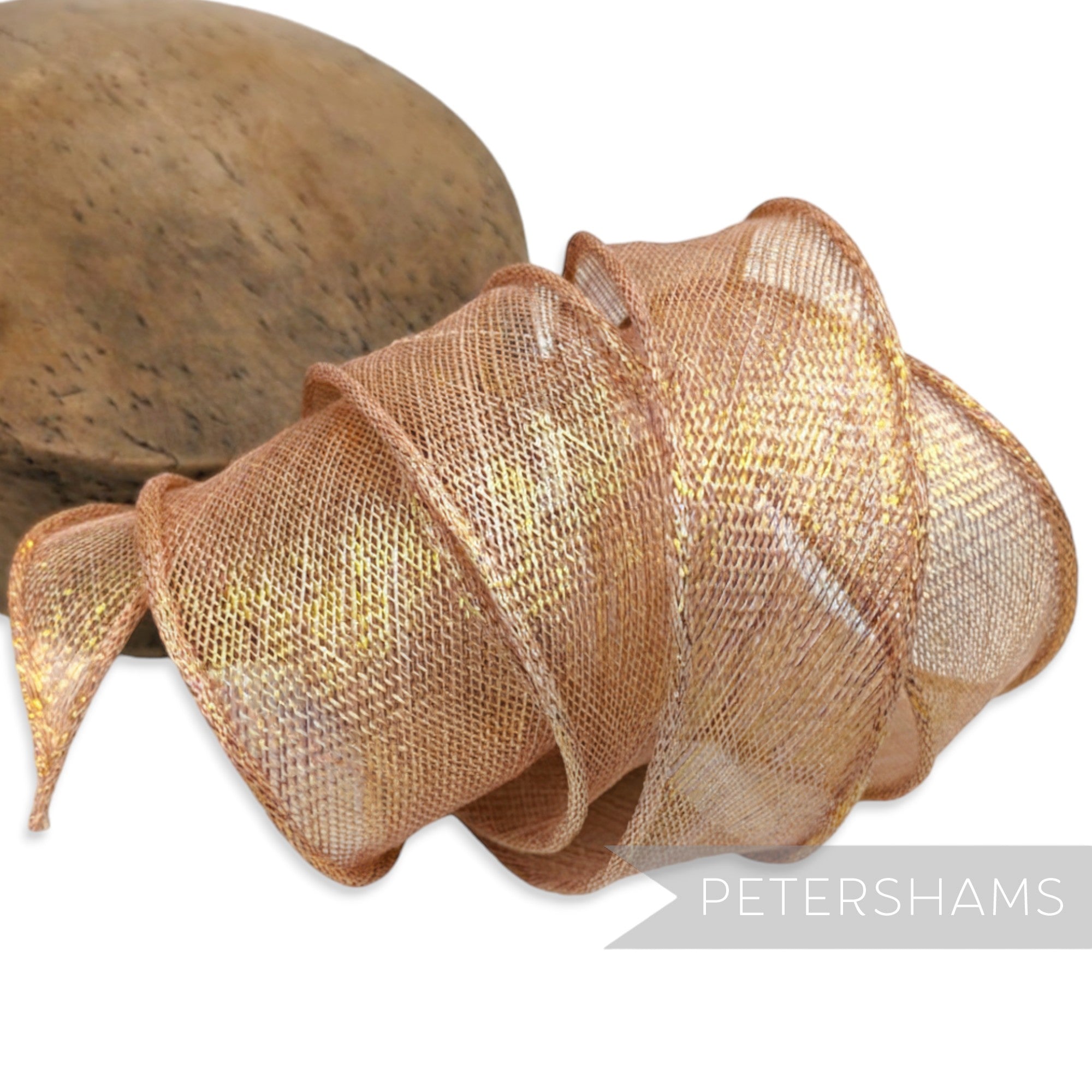 Petershams Millinery Supplies rose gold metallic lurex sinamay ribbon trim with hand-rolled edges for hat making.