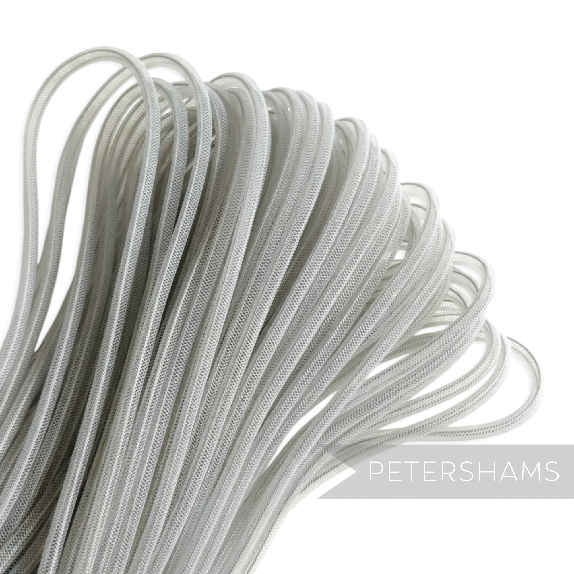 Petershams Millinery Supplies 4mm silver tube crinoline trim, slightly sheer with a textured weave, ideal for hat making and decorative trims.