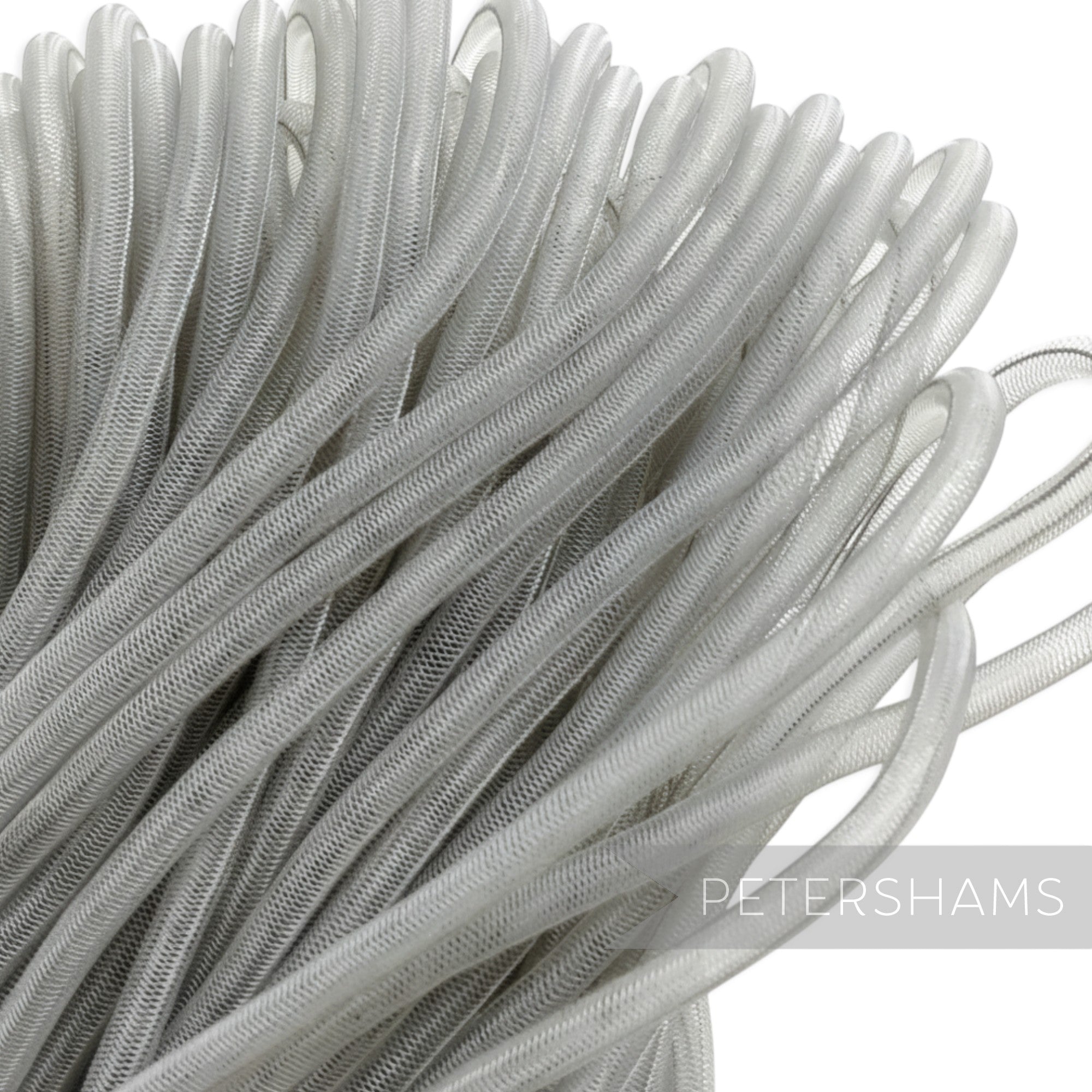 Petershams Millinery Supplies 6mm silver tube crinoline, a slightly sheer mesh trim for structural hat making and decorative accents.