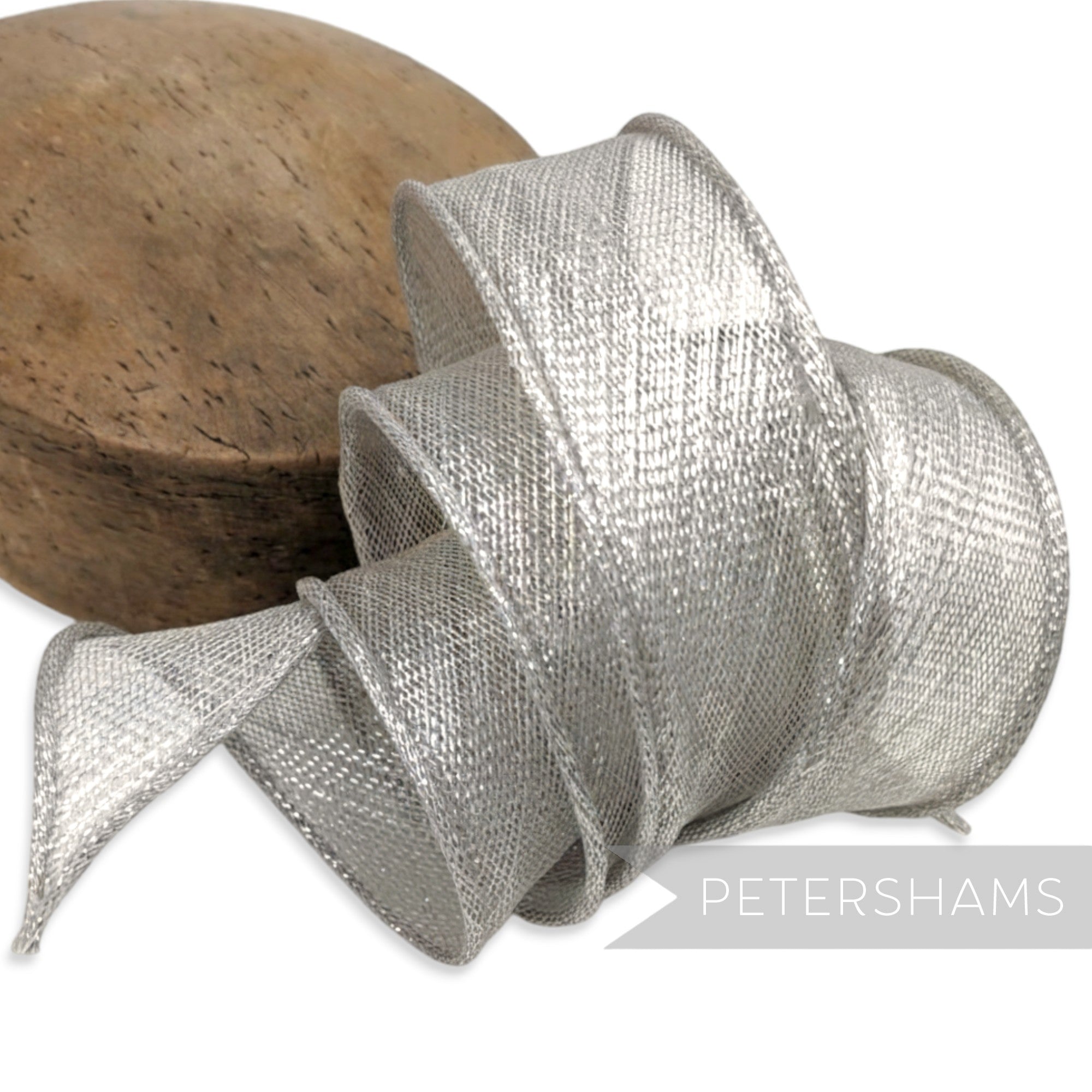 Petershams Millinery Supplies silver metallic lurex sinamay ribbon trim with hand-rolled edges for hat making.