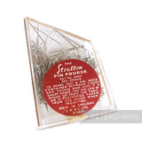 Petershams Millinery Supplies vintage Stratton Pin Pourer, clear plastic container with metal pins, made in England.